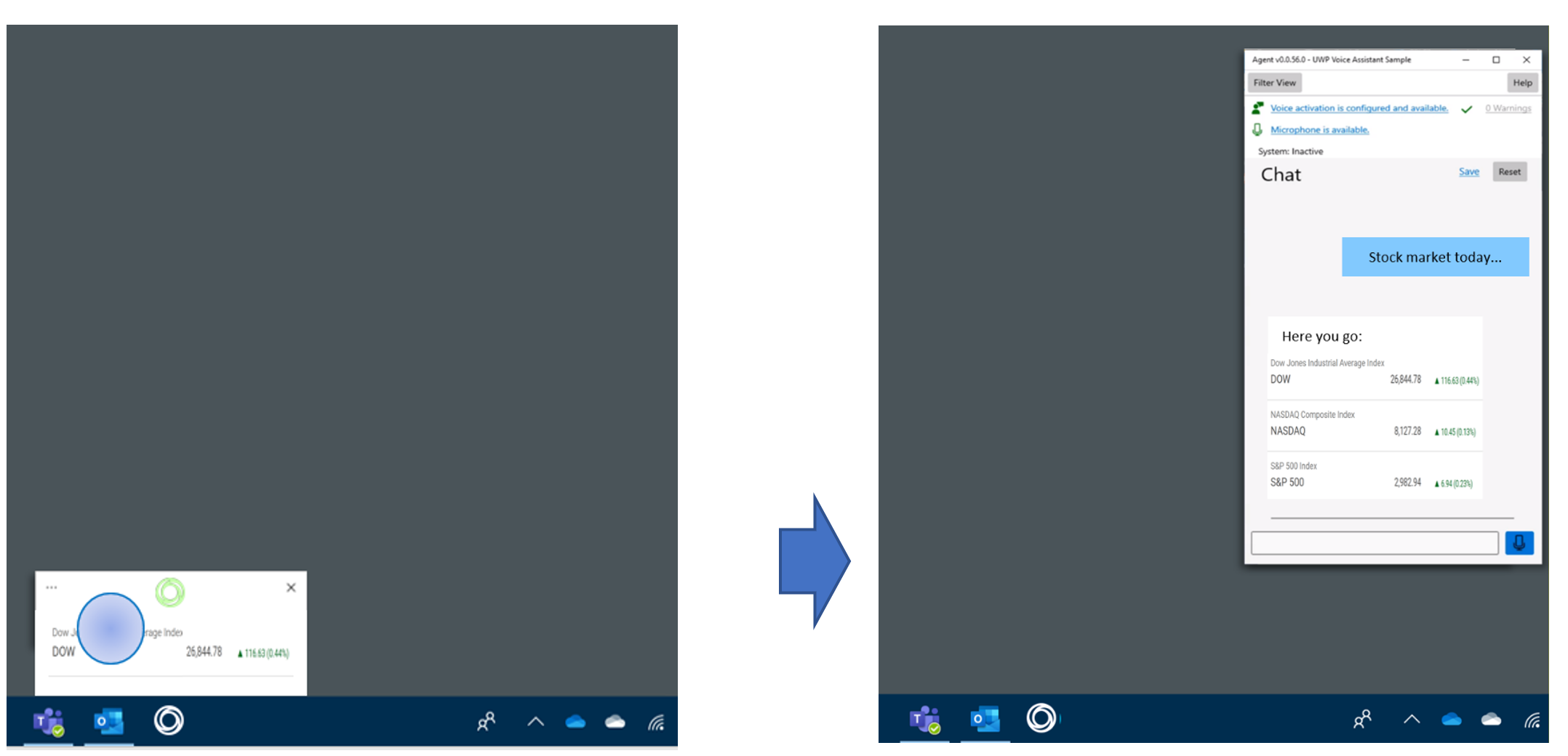 Screenshots of voice assistant on Windows before and after expanding the compact view