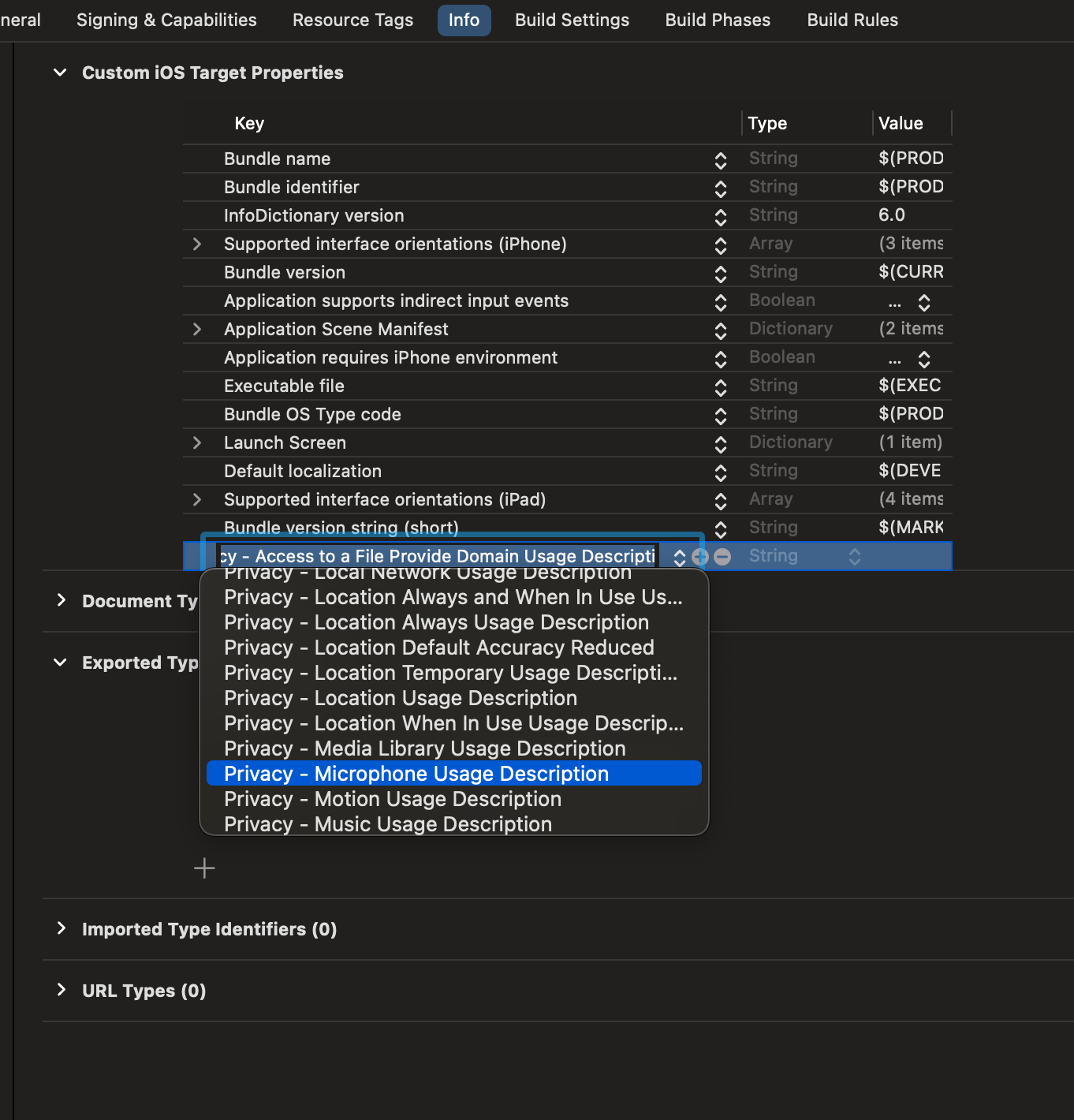 Screenshot showing adding microphone usage within Xcode.