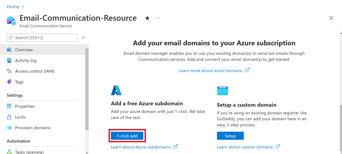 Screenshot that highlights the adding a free Azure Managed Domain.
