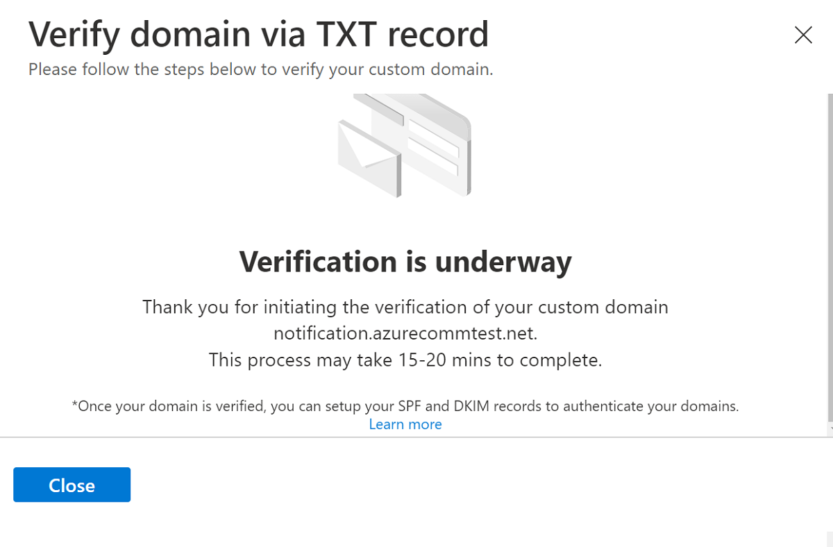 Screenshot that shows the domain verification is in progress.