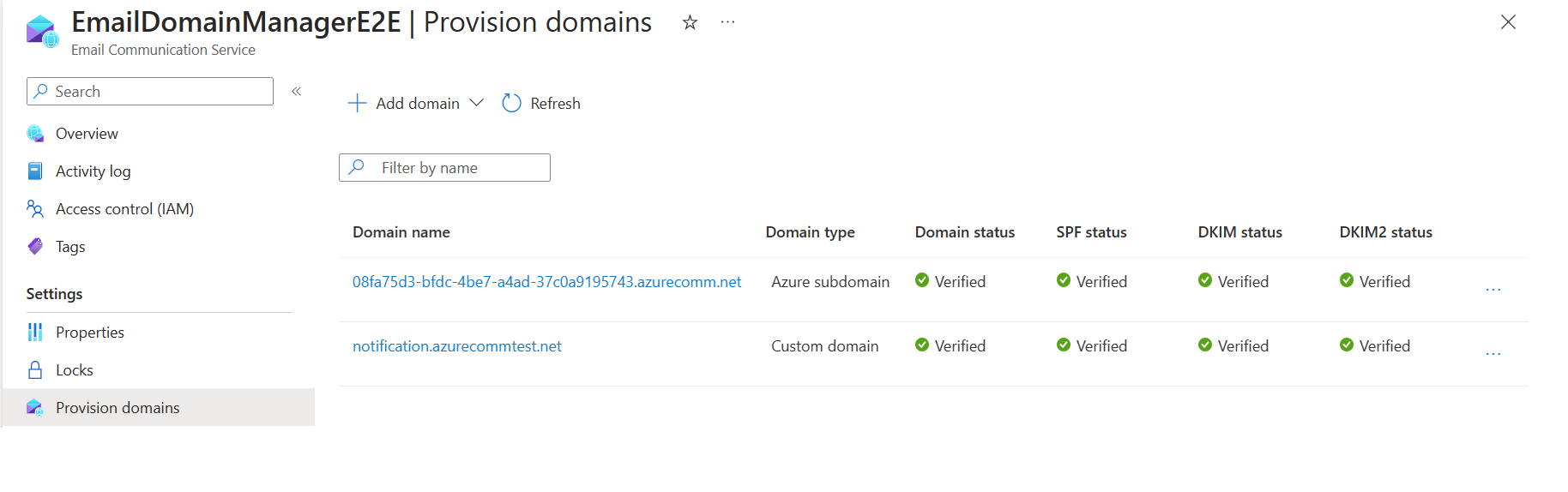 Screenshot that shows Azure Managed Domain link in list of provisioned email domains.