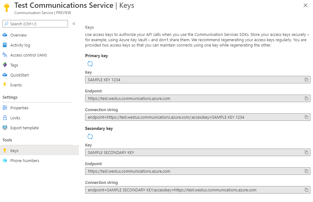 Screenshot of Communication Services Key page.