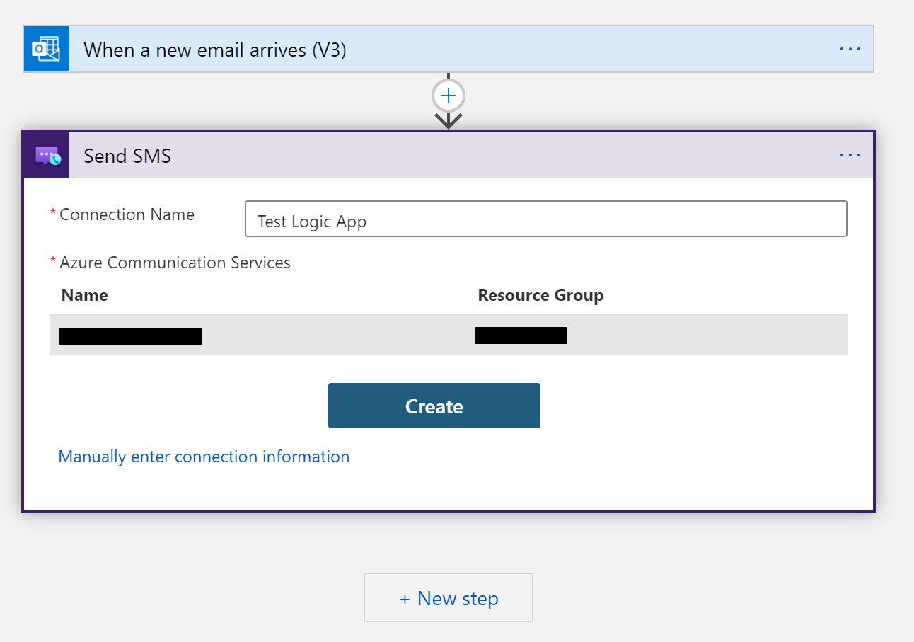 Screenshot that shows the Send SMS action configuration with sample information.