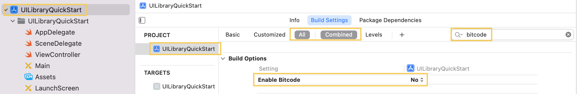 Screenshot showing the BitCode option in Xcode.