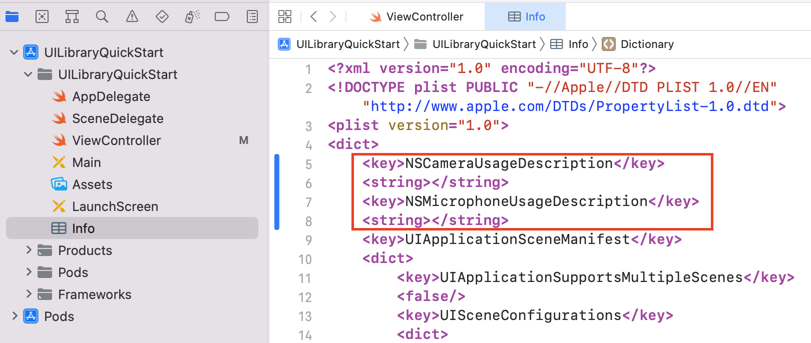 Screenshot showing the Info plist sourc code in Xcode.