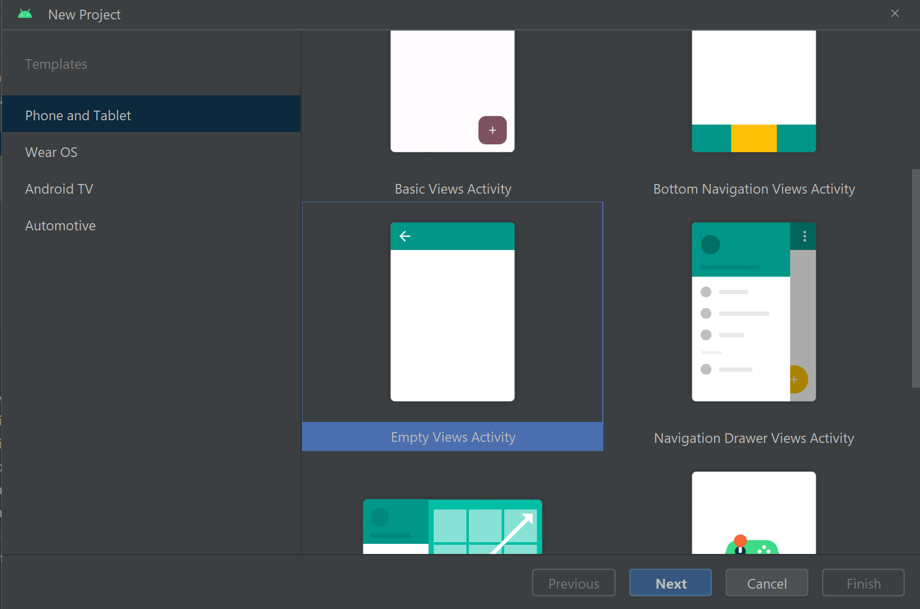 Screenshot showing the Start of creating a new Android Studio Project