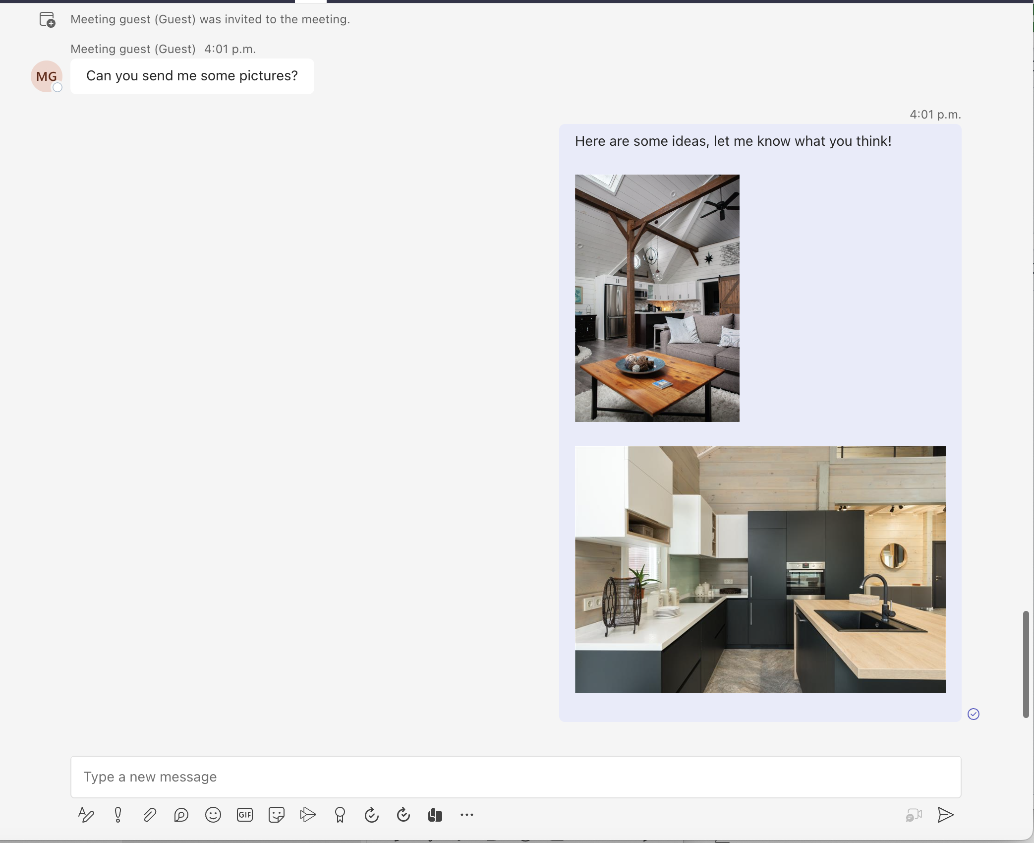 A screenshot of Teams client shown a sent message reads: Here are some ideas, let me know what you think! The message also contains two inline images of room interior mockups.