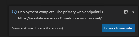 Screenshot that shows a message that deployment is complete, with the button for browsing to a website.