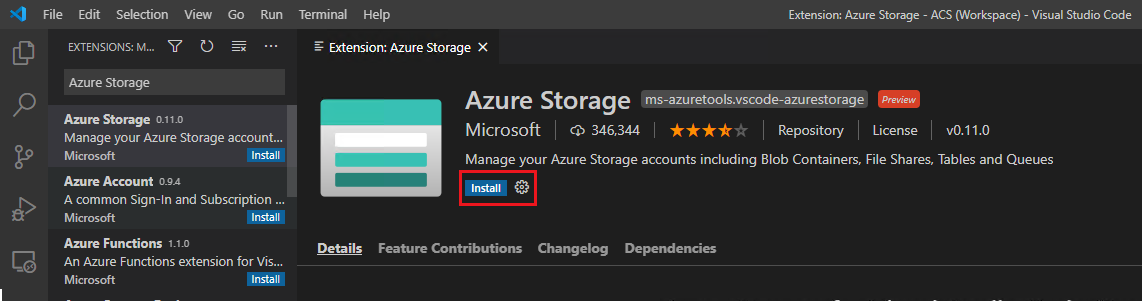Screenshot that shows the button to install the Azure Storage extension.