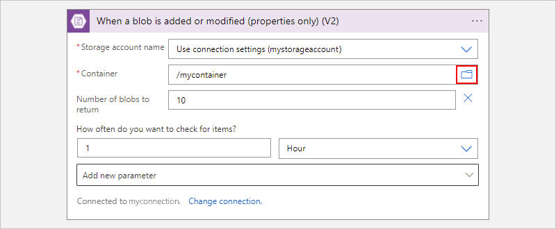 Screenshot showing Azure Blob trigger with parameters configuration.