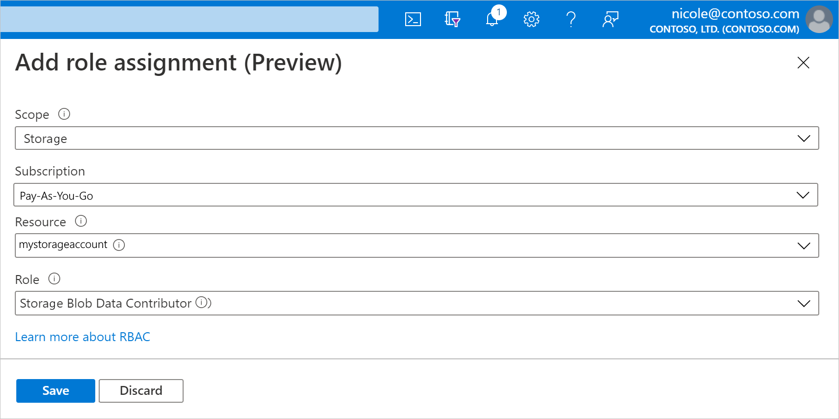 Screenshot of role assignment configuration pane, showing settings for scope, subscription, resource, and role.