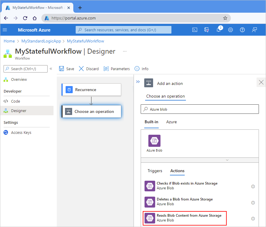 Screenshot showing the Azure portal and workflow designer with a Standard logic app workflow and the available Azure Blob Storage actions.