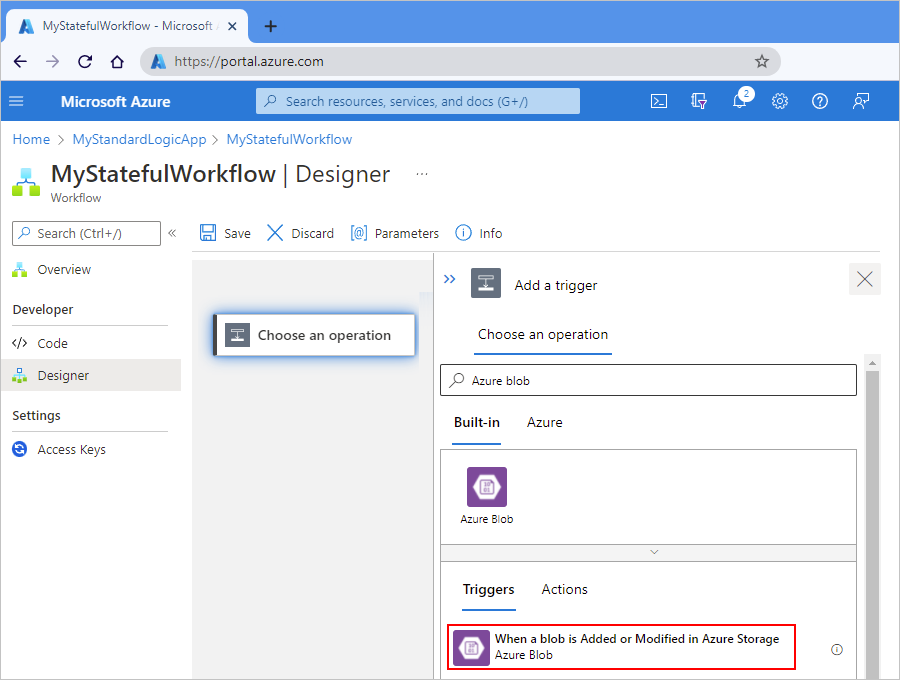 Screenshot showing Azure portal, workflow designer, Standard logic app workflow and Azure Blob trigger selected.