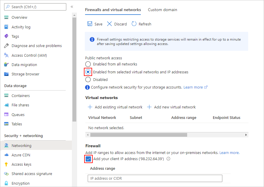 Screenshot of blob storage account networking page in Azure portal, showing firewall settings to add IP addresses and ranges to the allowlist.