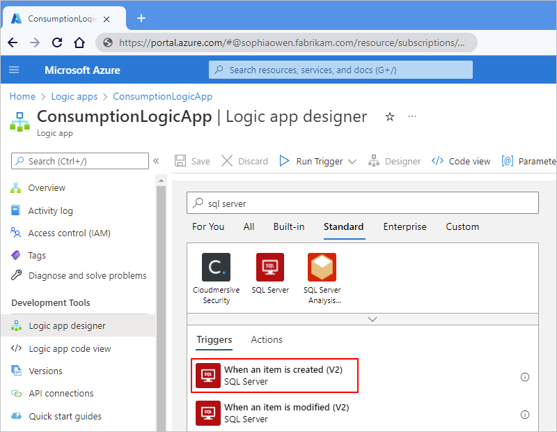 Screenshot showing the Azure portal, Consumption logic app workflow designer, search box with "sql server", and "When an item is created" trigger selected.