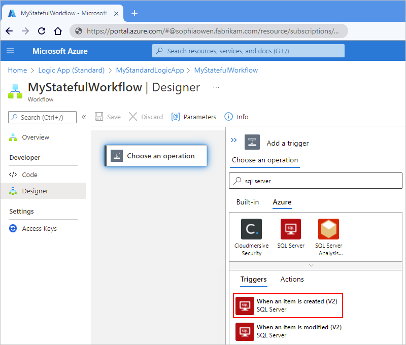 Screenshot showing Azure portal, Standard logic app workflow designer, search box with "sql server", and "When an item is created" trigger selected.