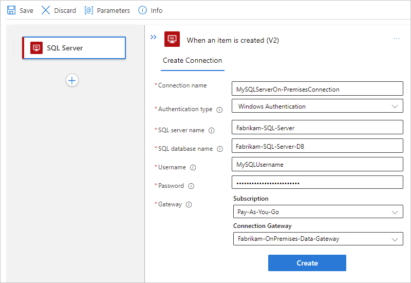Screenshot showing the Azure portal, workflow designer, and "SQL Server" on-premises connection information with selected authentication for Standard.