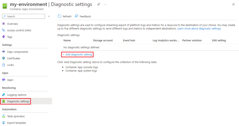 Screenshot Diagnostic setting Add new diagnostic setting.