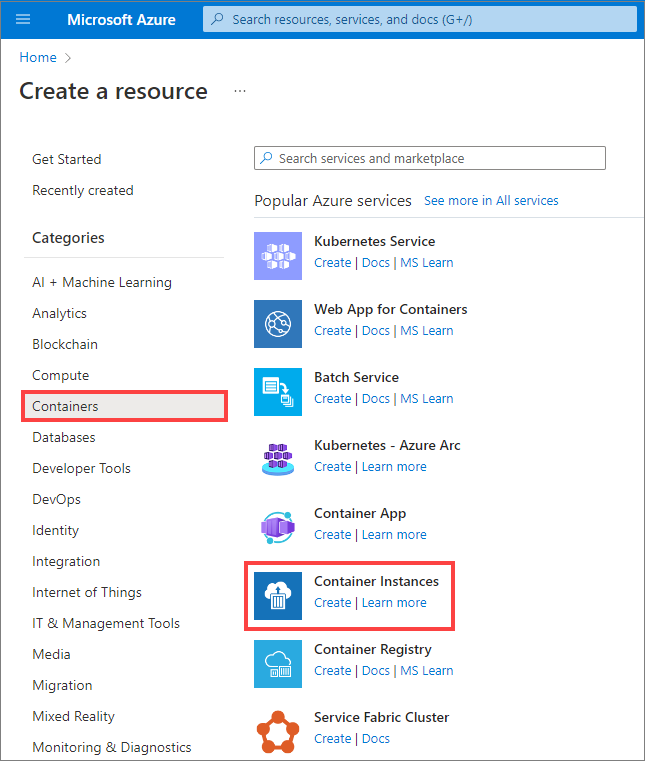 Begin creating a new container instance in the Azure portal