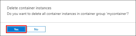 Delete confirmation of a container instance in the Azure portal