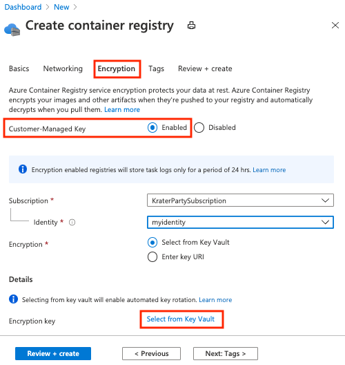 Create encrypted registry in the Azure portal