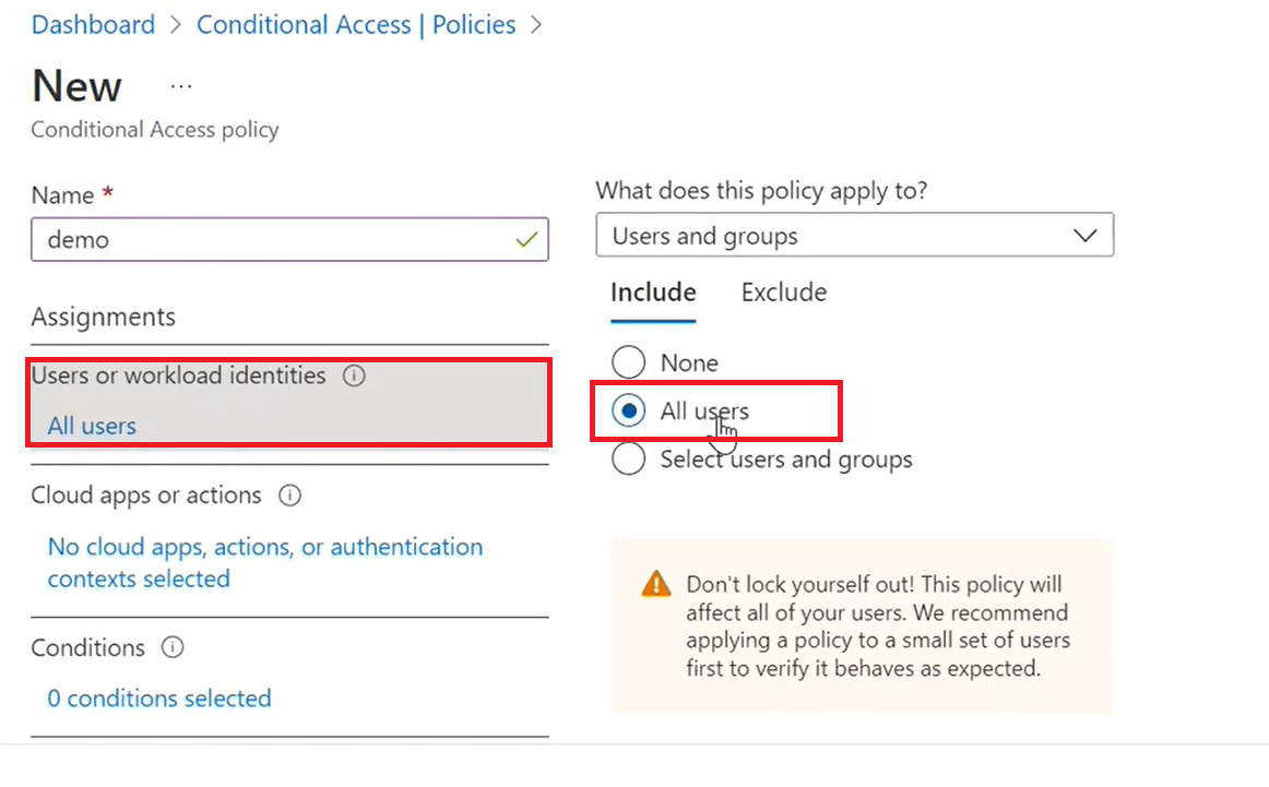 A screenshot of the page for creating a new policy, where you select options to specify users.