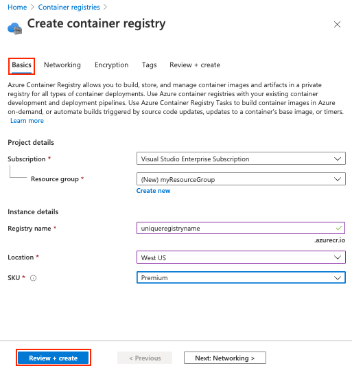 Configuring a container registry in the Azure portal