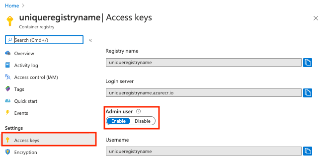 Enable admin account in the Azure portal