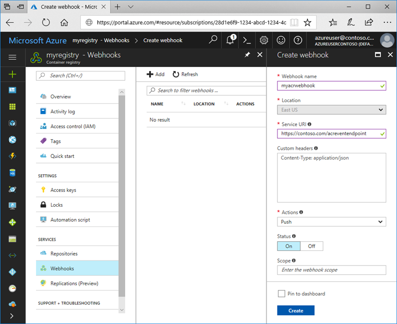Screenshot that shows the ACR webhook creation U I in the Azure portal.