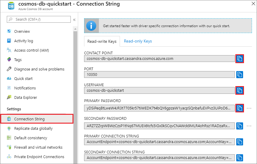 View and copy a username from the Azure portal, Connection String page