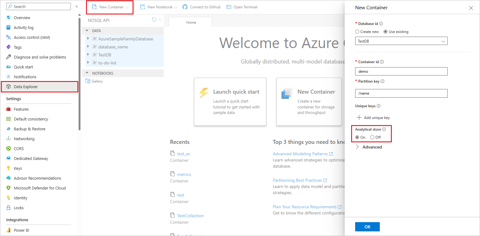 Turn on analytical store for Azure Cosmos DB container