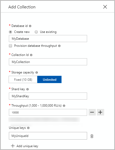 Screenshot of Azure Cosmos DB for MongoDB, Add Container dialog box