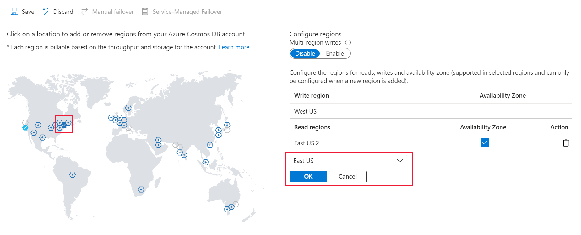 Add or remove regions menu