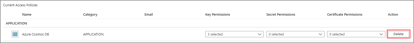 Deleting the access policy for the Azure Cosmos DB principal