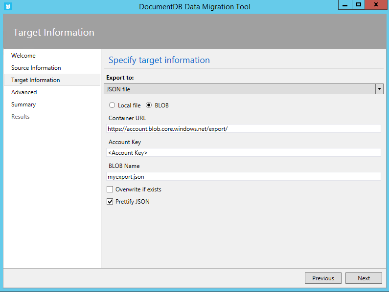 Screenshot of Azure Cosmos DB JSON Azure Blob storage export option