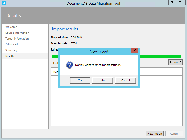 Screenshot of Azure Cosmos DB JSON export option with the New Import confirmation dialog box.