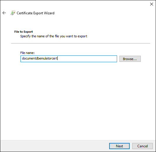 Azure Cosmos DB local emulator export step 7