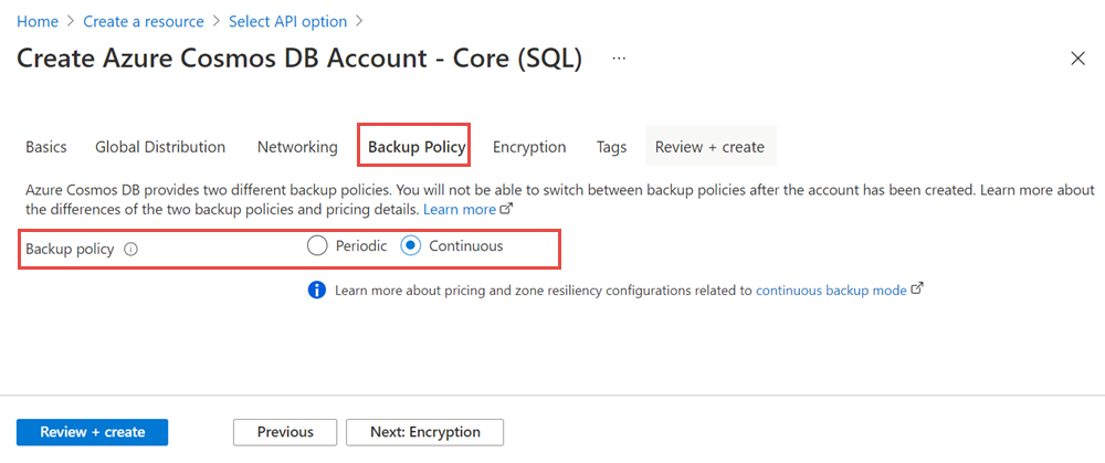 Provision an Azure Cosmos DB account with continuous backup configuration.