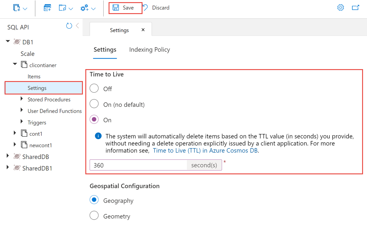 Configure Time to live in Azure portal