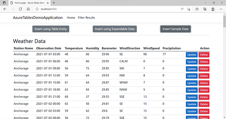 A screenshot of the finished application showing data stored in an Azure Cosmos DB table using the Table API.