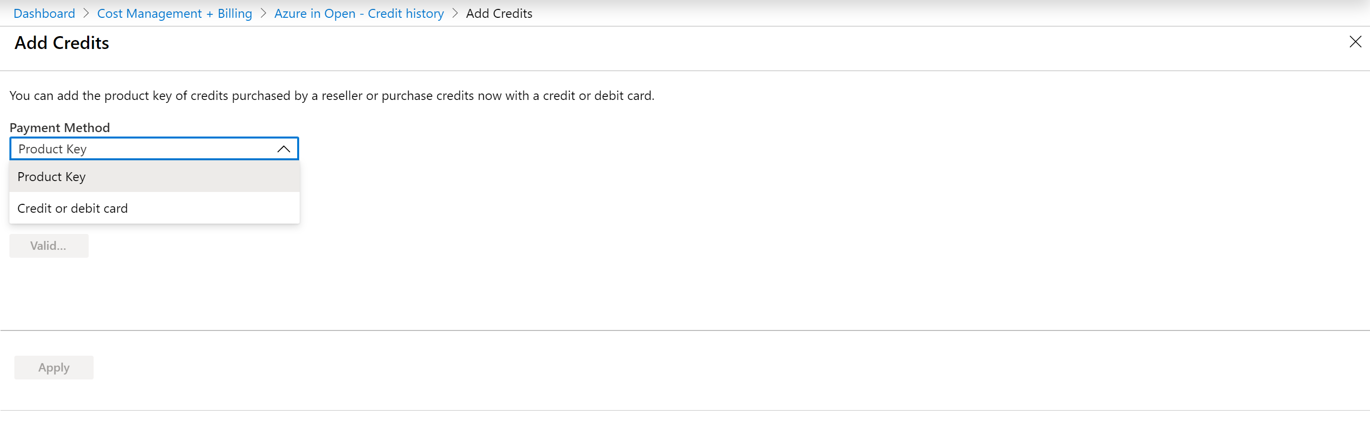 Screenshot that payment method drop down in add credits blade