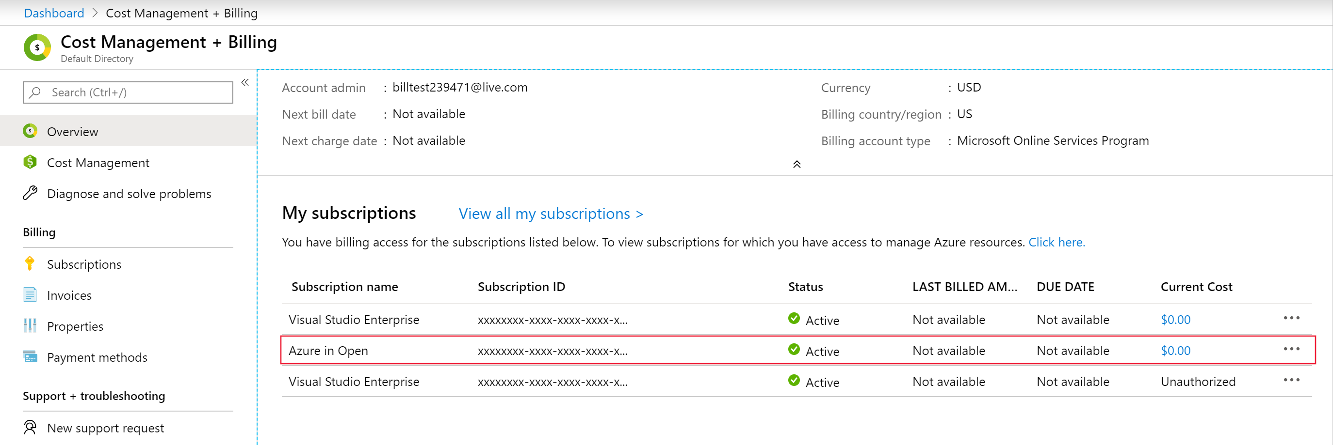 Screenshot shows the My subscriptions area where you can select your Azure in Open subscription.