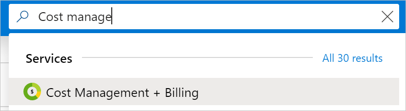 Screenshot that shows search for cost management + billing 
