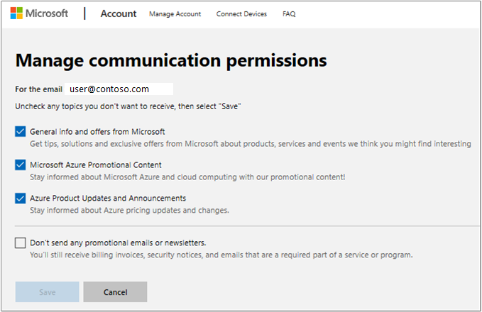 Screenshot example of the page for managing communication permissions.