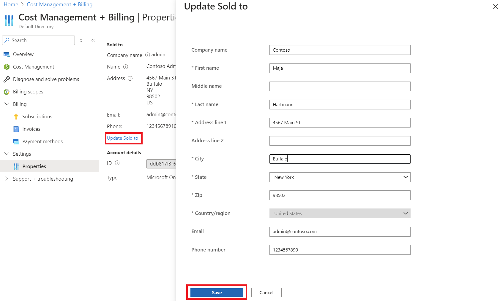 Screenshot that shows update address for the MOSP billing account.