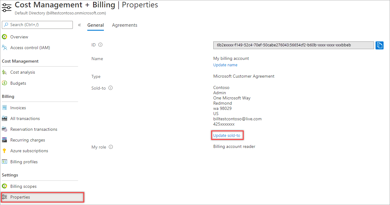 Screenshot that shows the properties for an MCA billing account where you can modify the sold-to address.