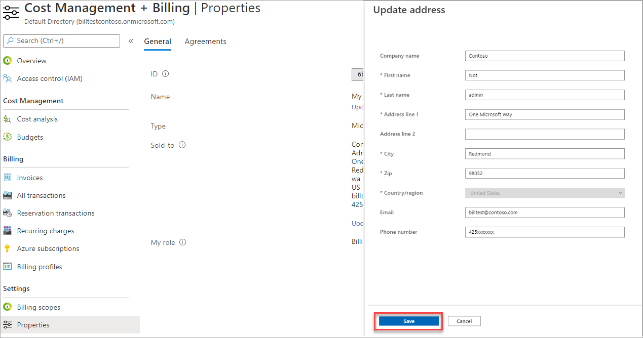 Screenshot that shows updating the sold-to address for an MCA account.