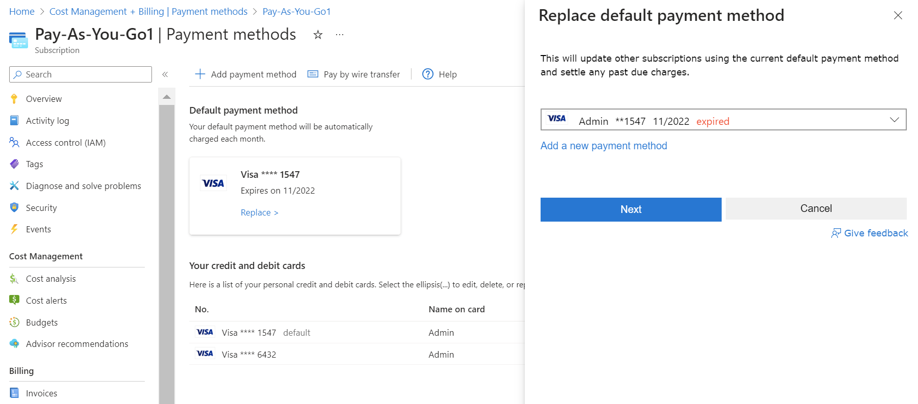 Screenshot showing the Replace default payment method box.
