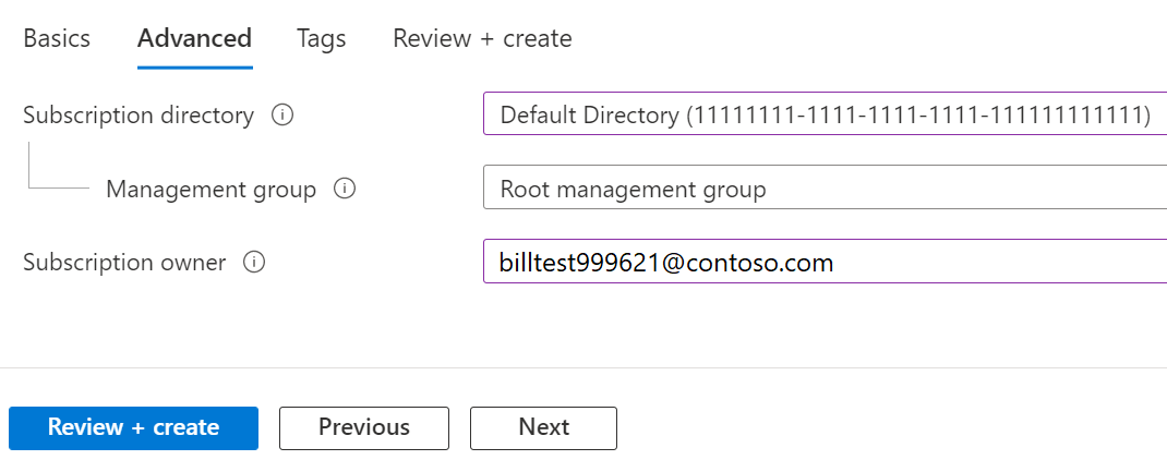 Screenshot showing the Advanced tab where you can specify the directory, management group, and owner. 