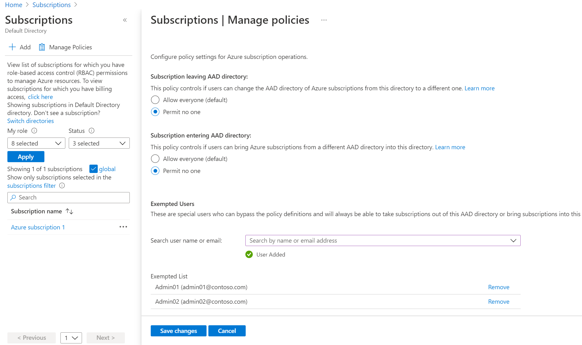 Screenshot showing specific policy settings and exempted users.